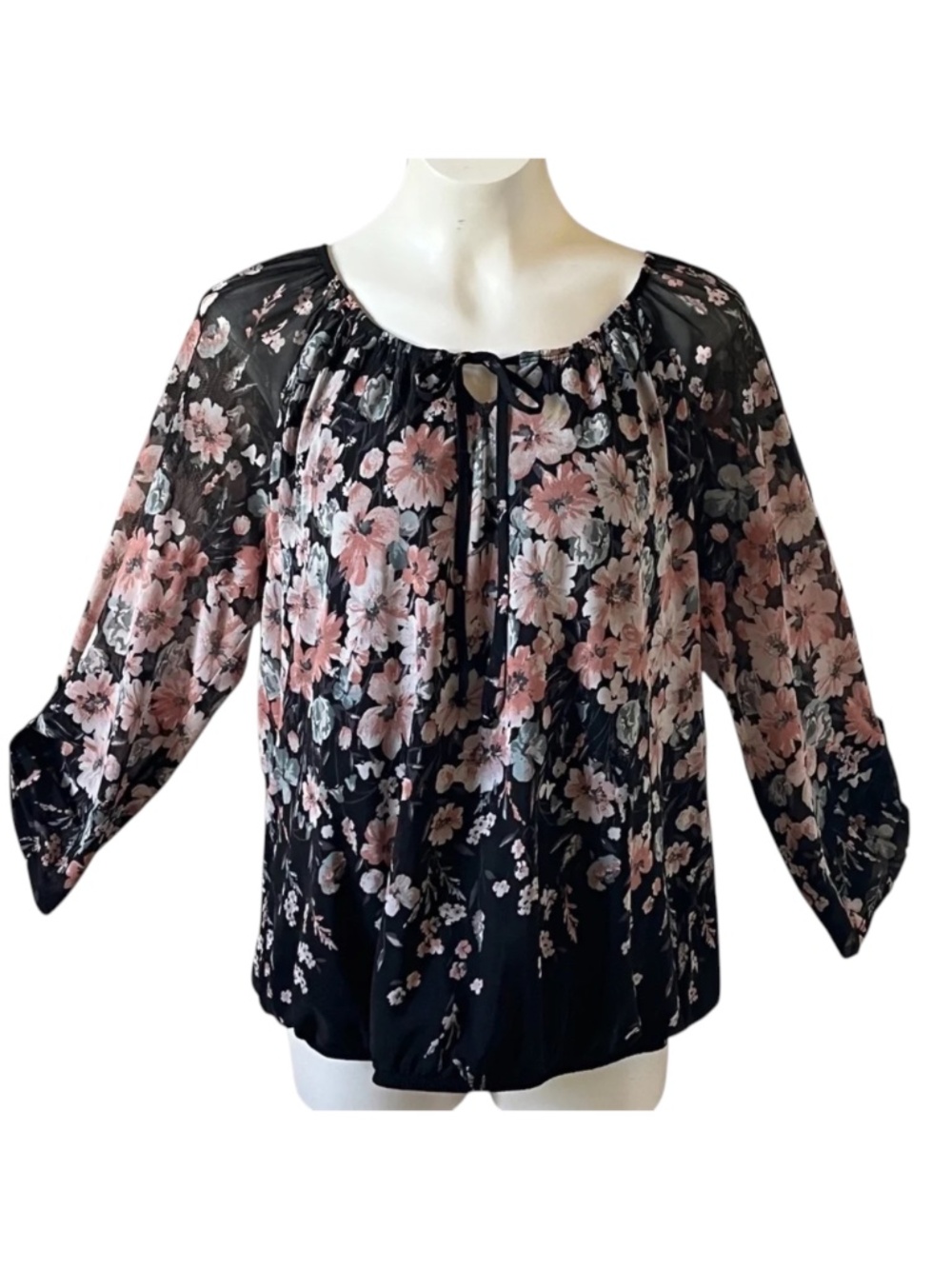 ROZ & ALI Top Floral Border Bubble Hem Black Blush Mint Dressbarn Plus Size 1X